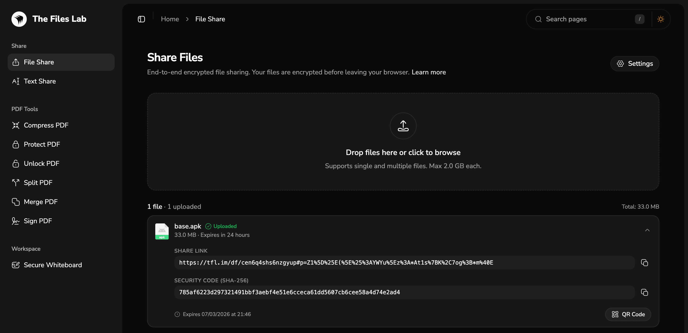 Secure file sharing workspace preview with encrypted upload controls