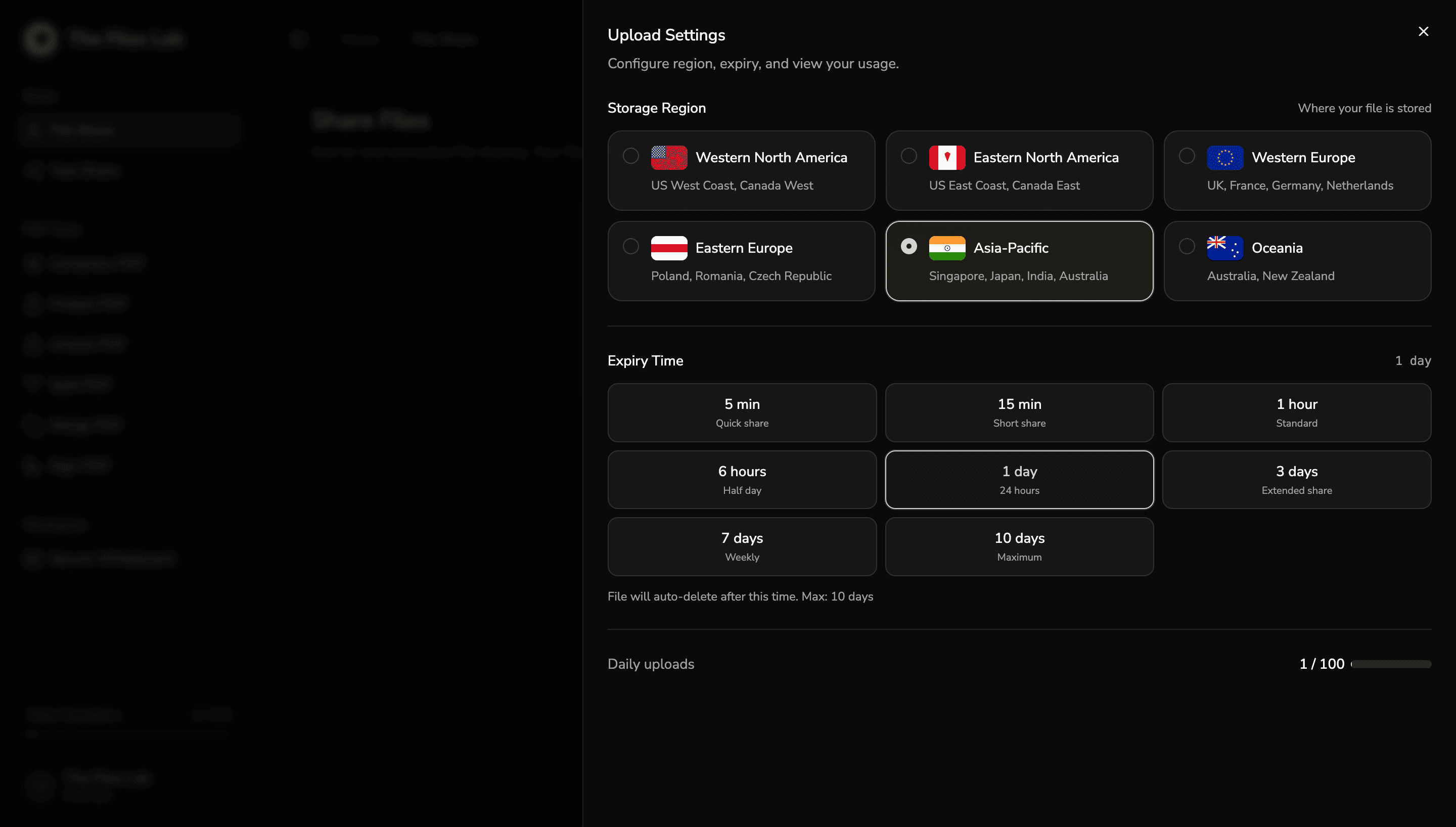 Storage region and expiry selection interface for secure shares